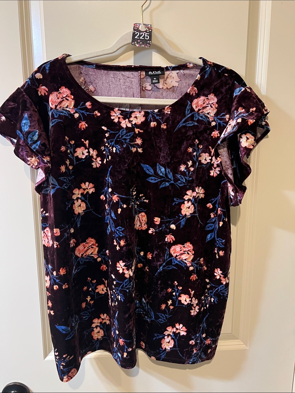 a.n.a VELVET!!!Plum XL velvet   Floral Ruffle Sleeve Blouse H225